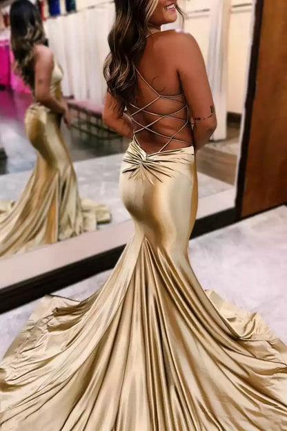 Charming mermaid satin thin shoulder strap, sleeveless collar, lace up back Prom Dresses