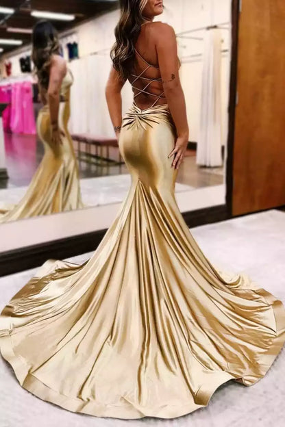 Charming mermaid satin thin shoulder strap, sleeveless collar, lace up back Prom Dresses