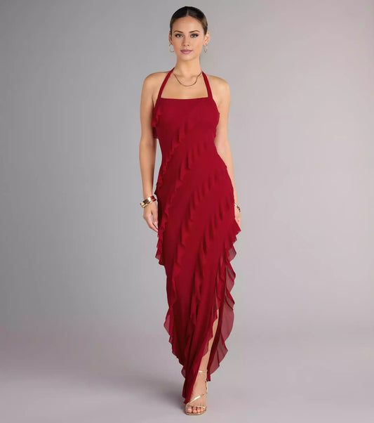 Charming mesh lining hanging neck style square collar tie closure high side seam ruffle edge close fitting cut and floor Prom Dresses