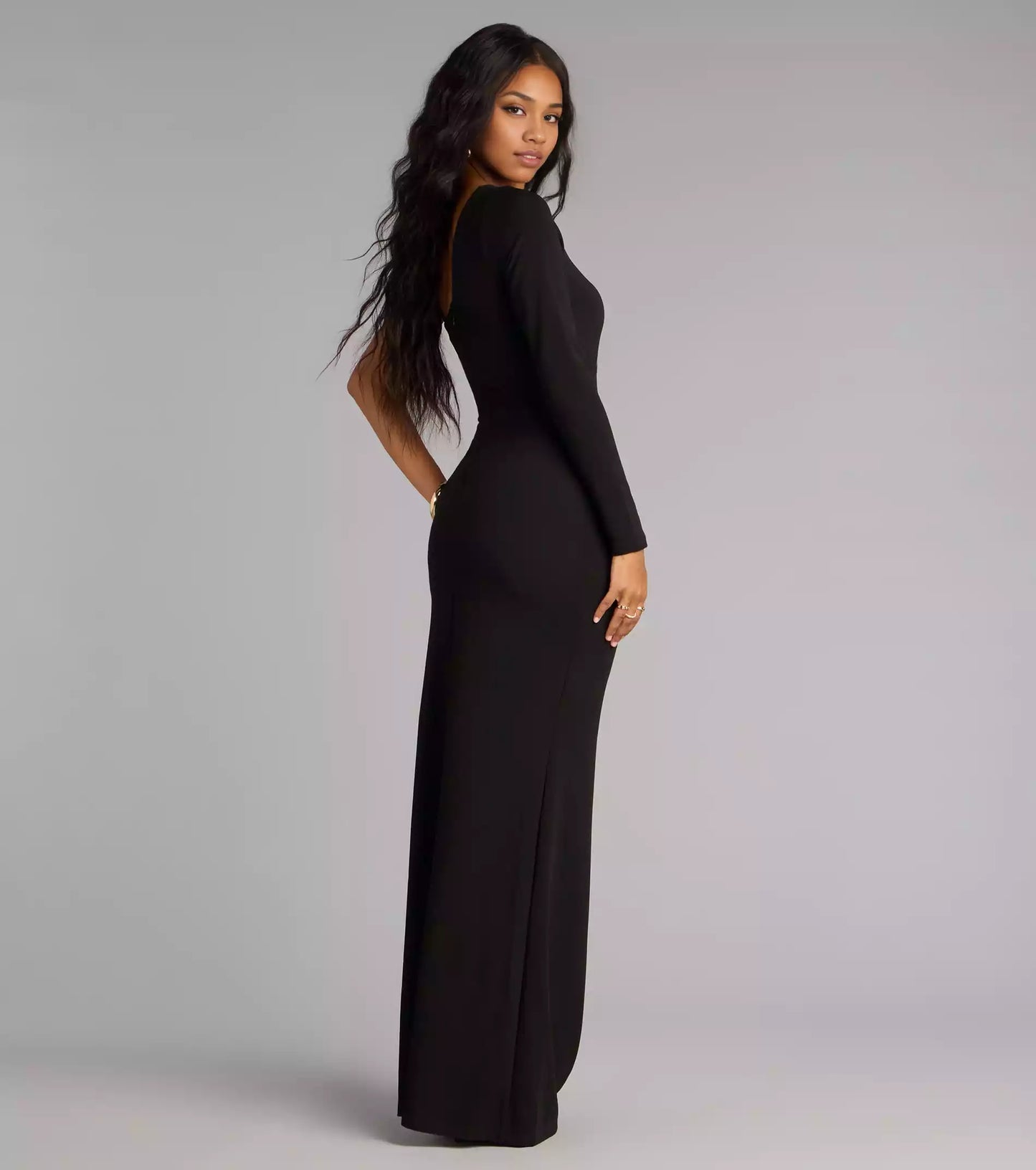 Charming one shoulder neckline hollowed out slim fit long sleeves with high side seams, column shaped contours, and floor hem Prom Dresses