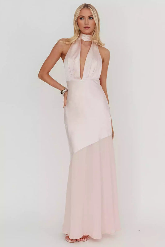 Charming satin extra long deep V-neckline, backless, invisible side zipper Prom Dresses