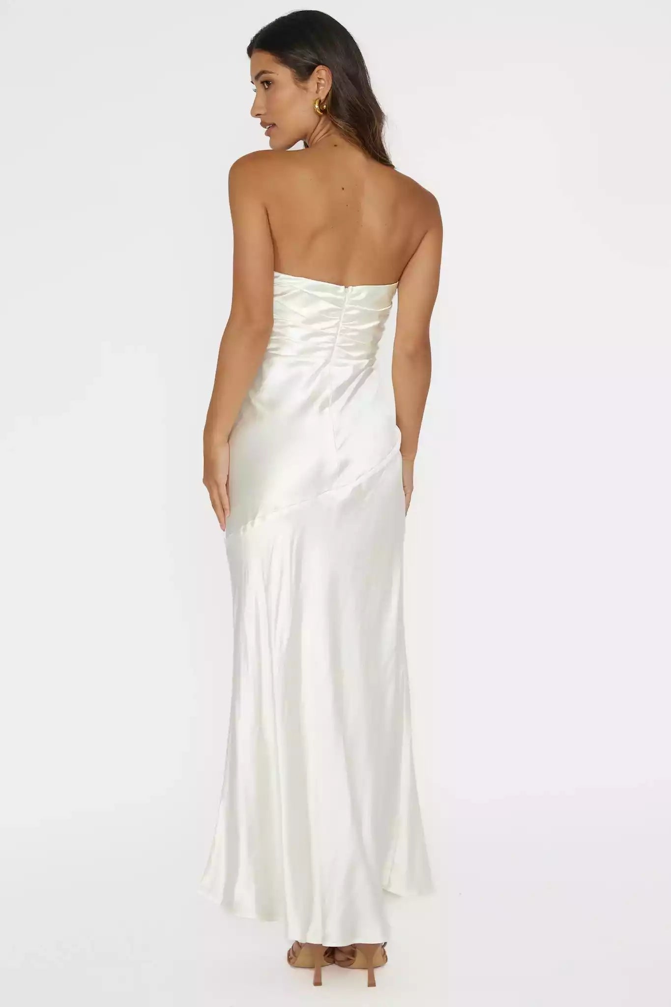 Charming satin long unlined strapless corset with side slits and hidden zippers Prom Dresses