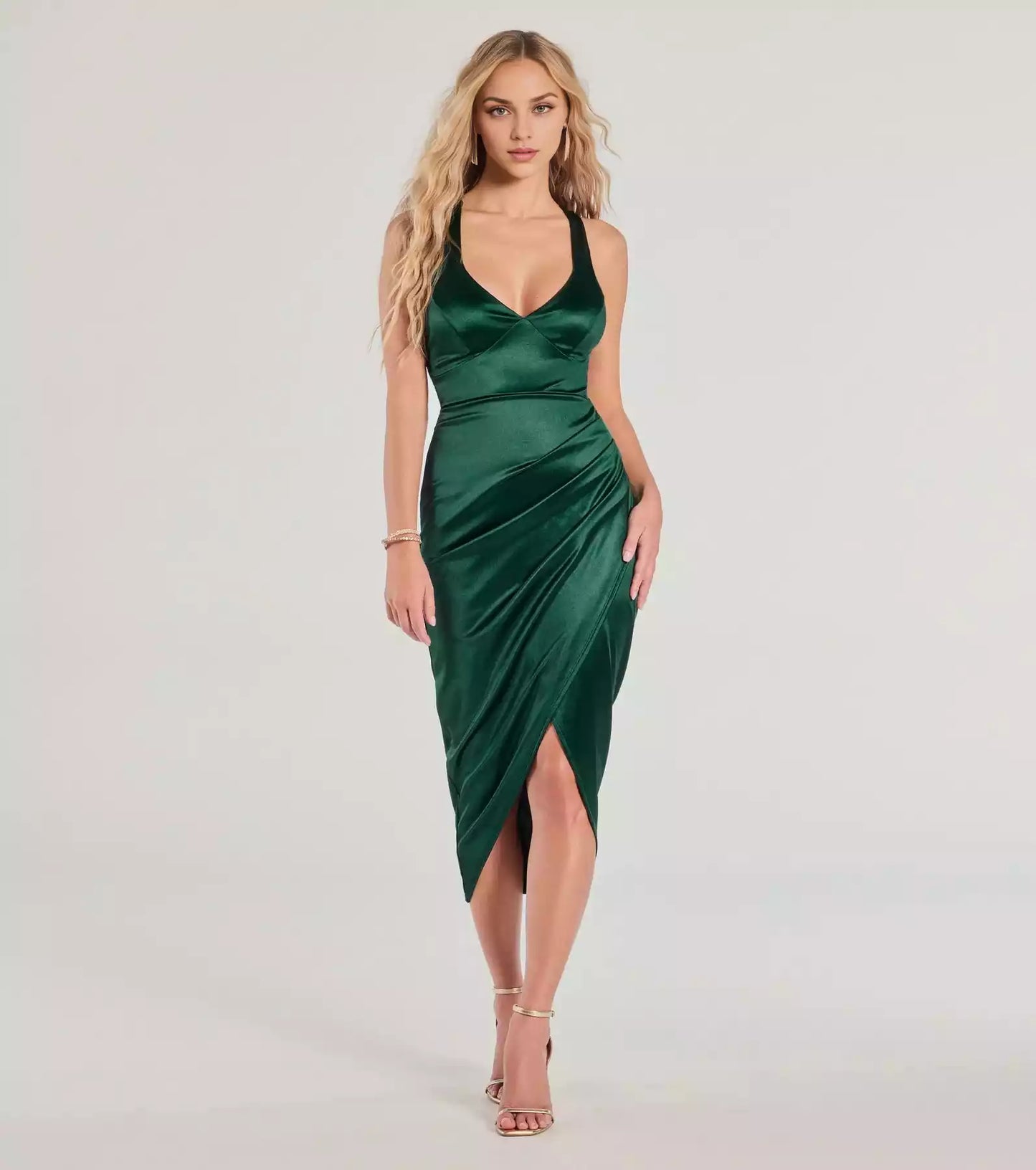 Charming silky satin V-neck wide shoulder strap, backless lace up hem, zipper imitation wrap, slim fit silhouette, front slit Prom Dresses