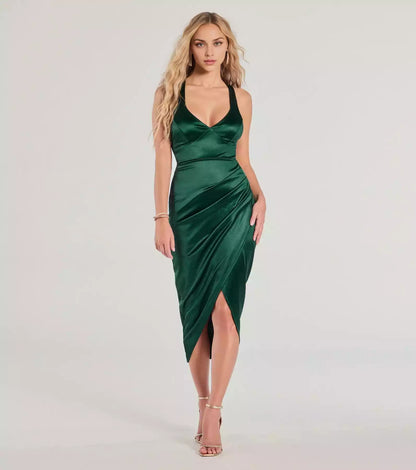 Charming silky satin V-neck wide shoulder strap, backless lace up hem, zipper imitation wrap, slim fit silhouette, front slit Prom Dresses