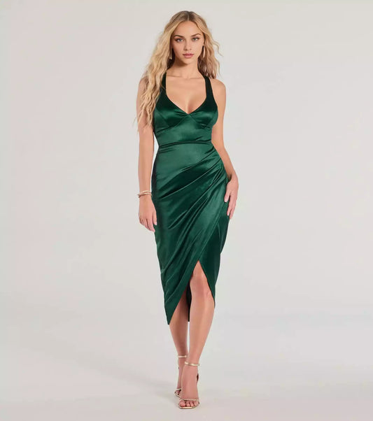 Charming silky satin V-neck wide shoulder strap, backless lace up hem, zipper imitation wrap, slim fit silhouette, front slit Prom Dresses