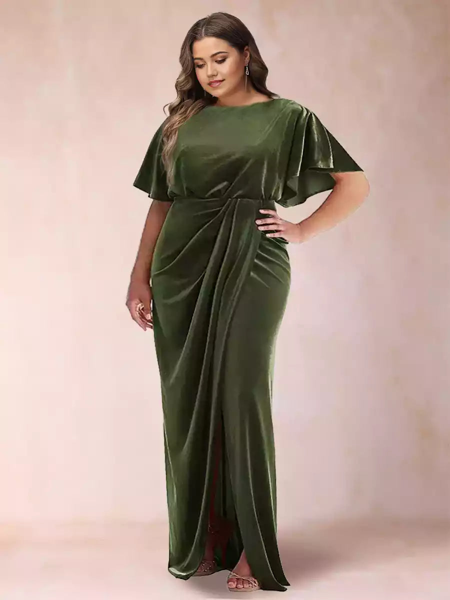 Charming slim fit/straight round neck short sleeved plus size side slit ruffle hem Mother of the Bride Dresses