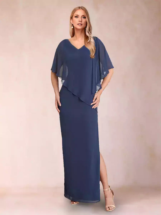 Charming slim fit/straight tube chiffon V-neck half sleeve side slit long Mother of the Bride Dresses