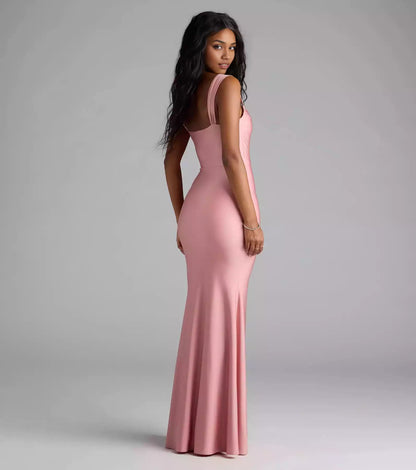 Charming smooth knit hanging collar, wide shoulder strap, mermaid and floor Prom Dresses