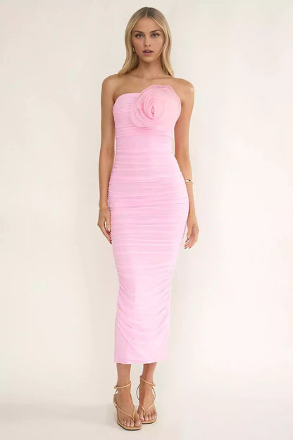 Charming strapless chest with floral pattern, back with zipper pleats, tight silhouette Prom Dresses