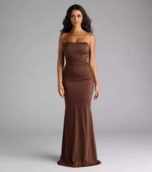 Charming strapless neckline, back tie, hem zipper, side seam, pleated mermaid and floor Prom Dresses