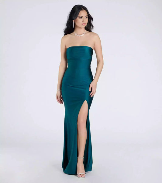 Charming strapless neckline with high slit mermaid silhouette and floor skirt Prom Dresses