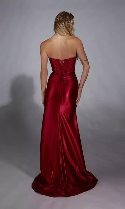 Charming stretch satin slim fit long strapless corset with back lace up slit Prom Dresses