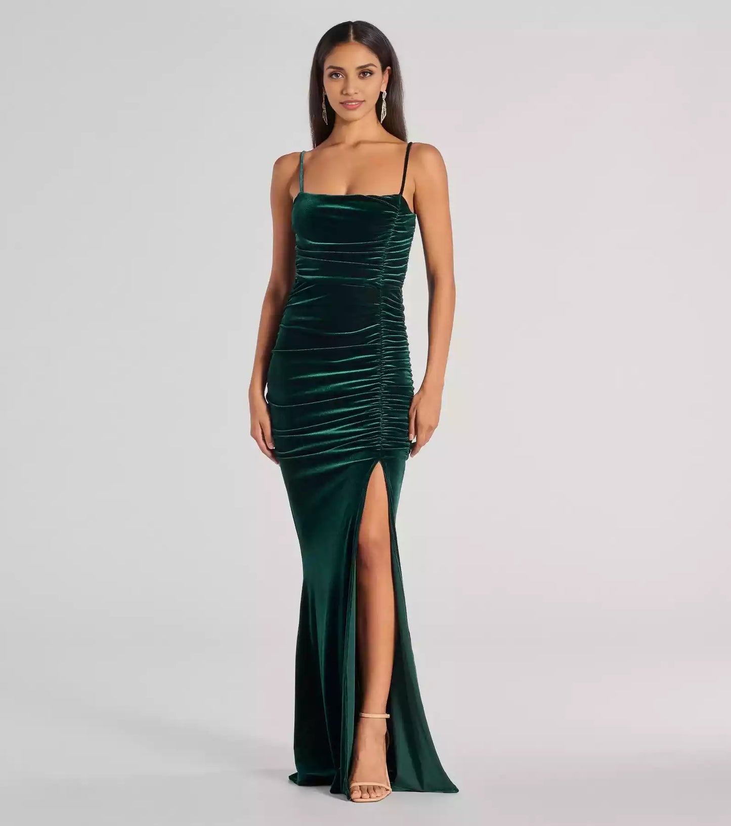 Charming velvet square neckline with adjustable thin shoulder straps, pleated corset, high slit Prom Dresses