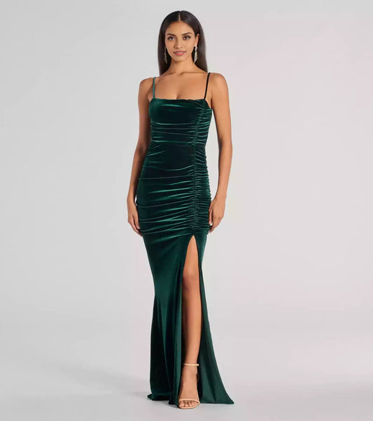 Charming velvet square neckline with adjustable thin shoulder straps, pleated corset, high slit Prom Dresses
