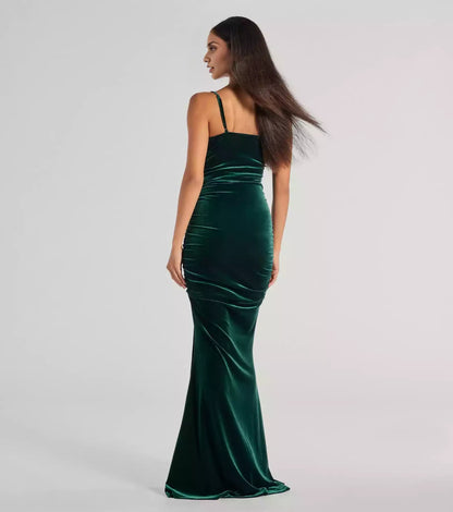 Charming velvet square neckline with adjustable thin shoulder straps, pleated corset, high slit Prom Dresses