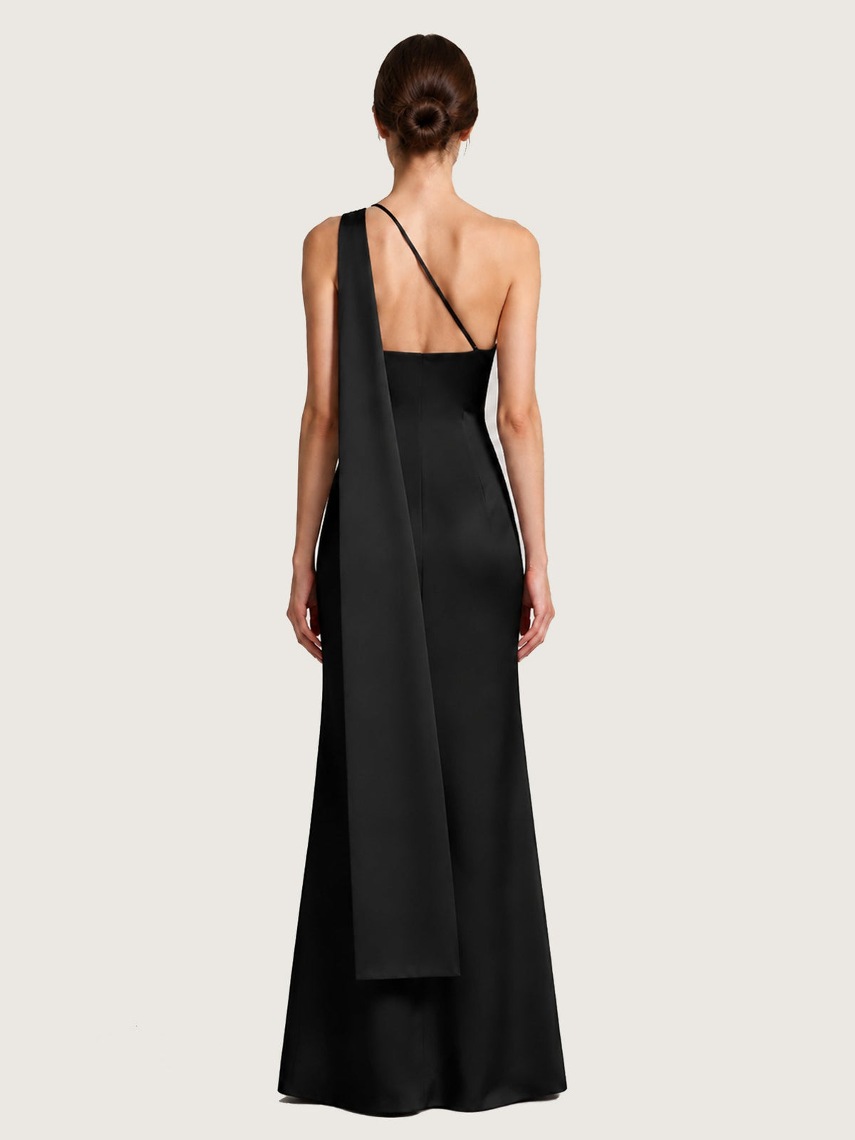 One-Shoulder Satin Gown with Long Shoulder Streamer Black