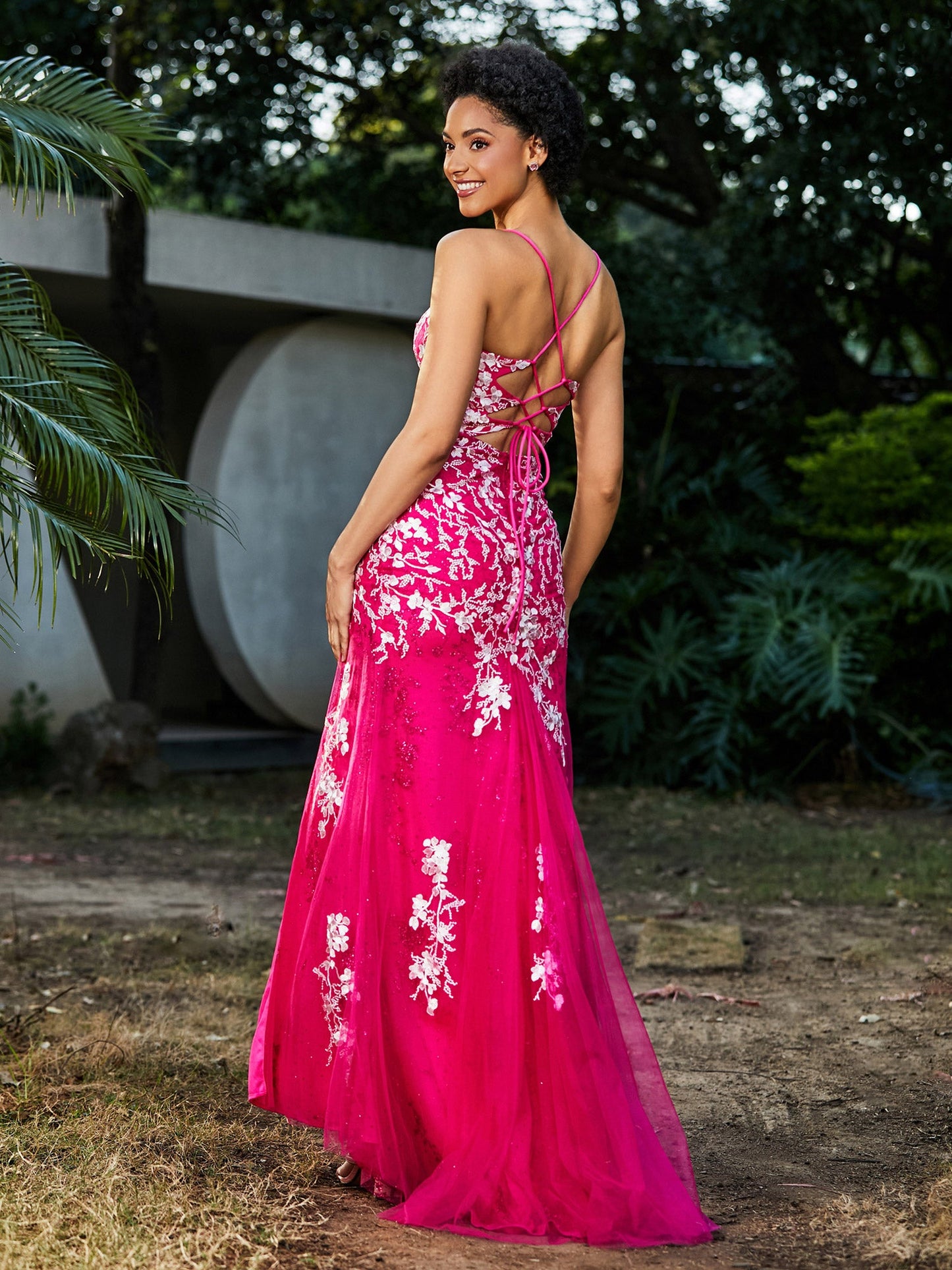 Lace Applique High Slit Fitted Tulle Dress Fuchsia