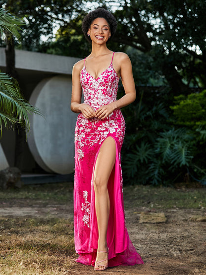 Lace Applique High Slit Fitted Tulle Dress Fuchsia