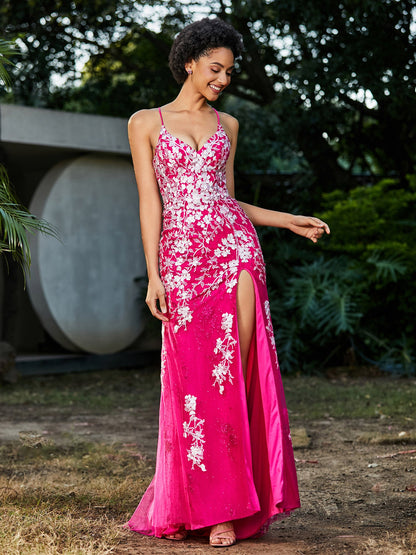 Lace Applique High Slit Fitted Tulle Dress Fuchsia
