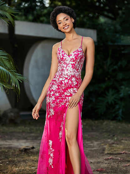 Lace Applique High Slit Fitted Tulle Dress Fuchsia