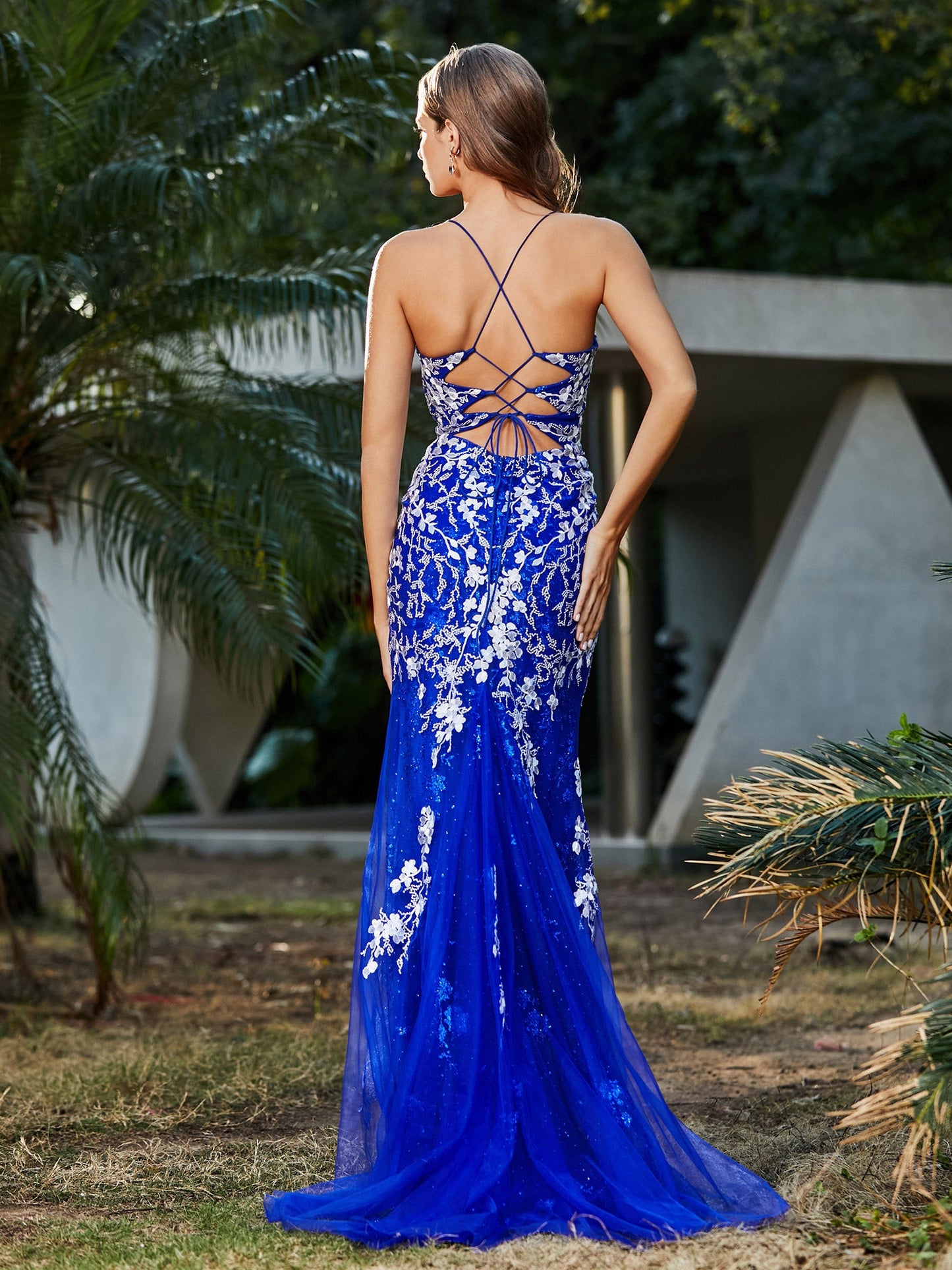 Lace Applique High Slit Fitted Tulle Dress Royal Blue