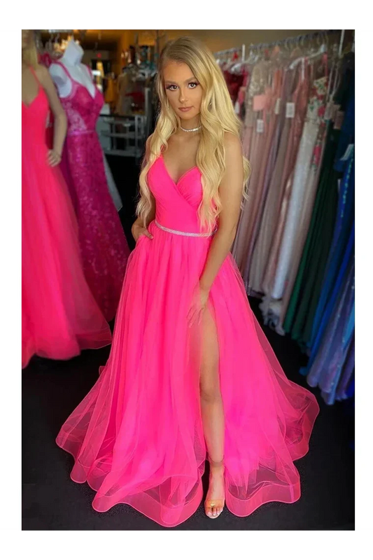 Aimishang Long Prom Dresses Cheap Backless Tulle Straps With Split, Criss-Cross Straps Evening Dresses