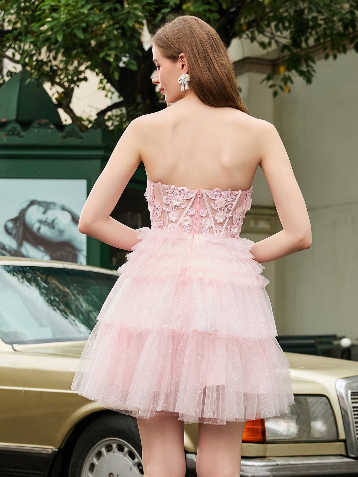 Sheer Sweetheart Applique A-line Tiered Short Dress Pearl Pink