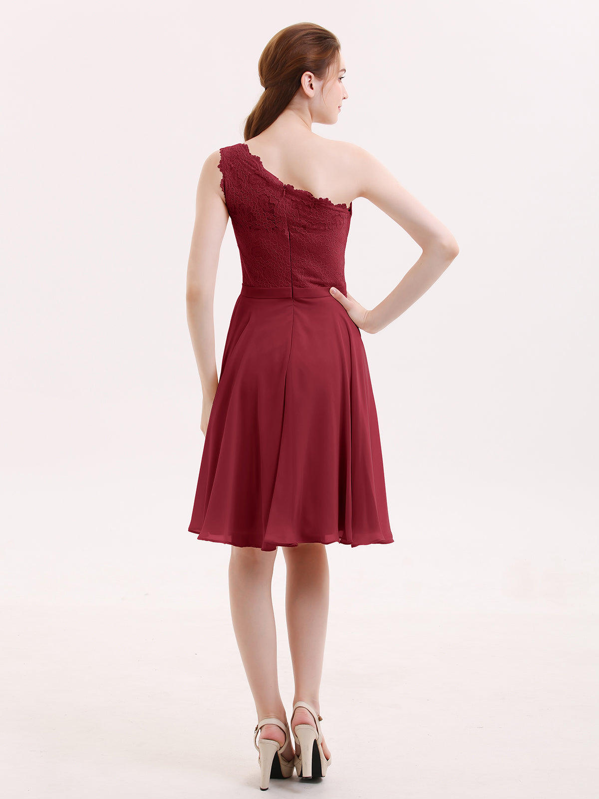 One Shoulder Short Lace Bridesmaid Dress Burgundy