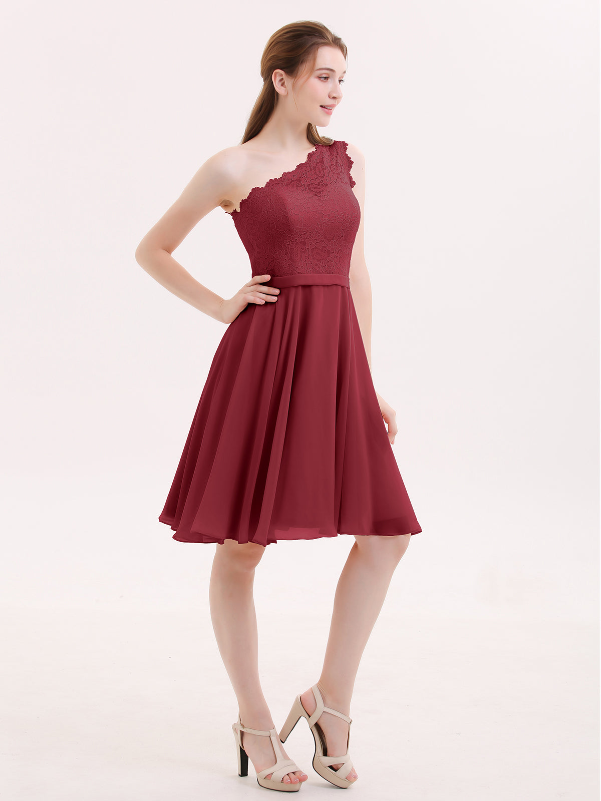 One Shoulder Short Lace Bridesmaid Dress Burgundy
