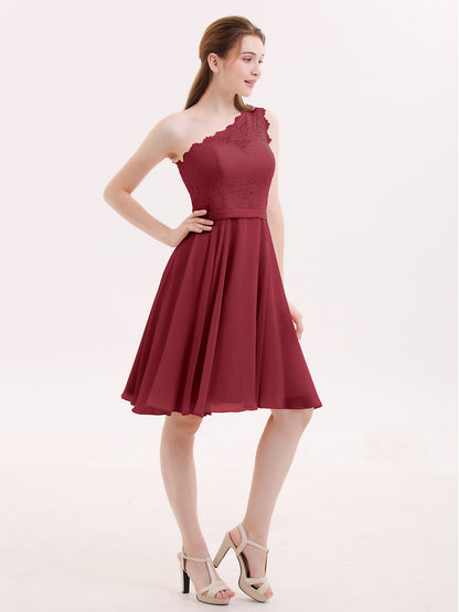 One Shoulder Short Lace Bridesmaid Dress Burgundy