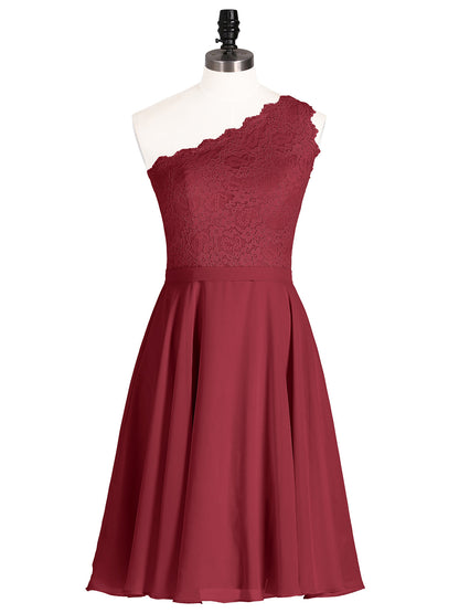 One Shoulder Short Lace Bridesmaid Dress Burgundy