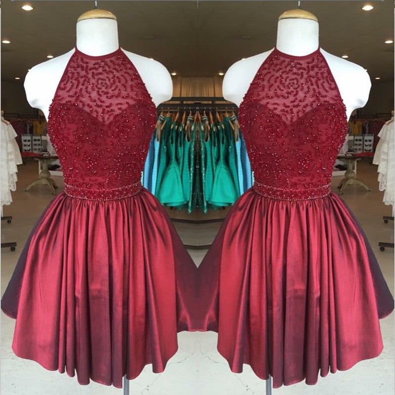 Chic Beaded Halter Short Satin Prom Homecoming Dresses
