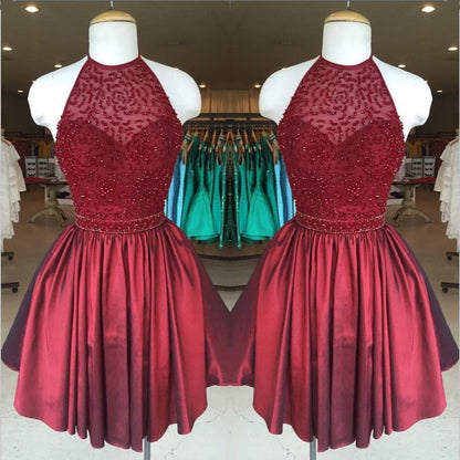 Chic Beaded Halter Short Satin Prom Homecoming Dresses