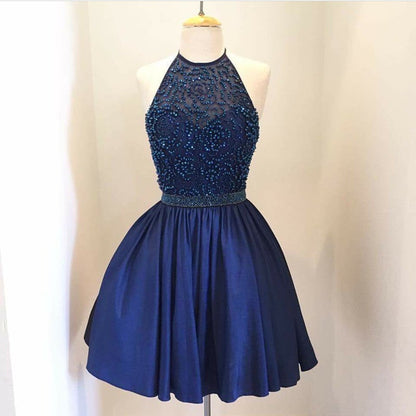Chic Beaded Halter Short Satin Prom Homecoming Dresses