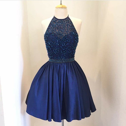 Chic Beaded Halter Short Satin Prom Homecoming Dresses