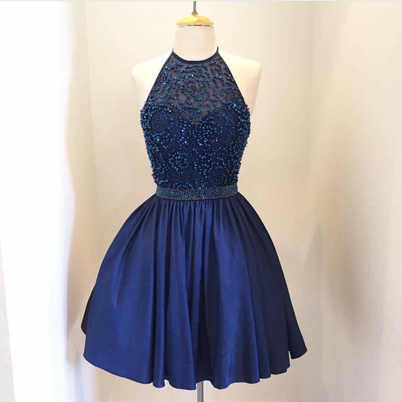 Chic Beaded Halter Short Satin Prom Homecoming Dresses