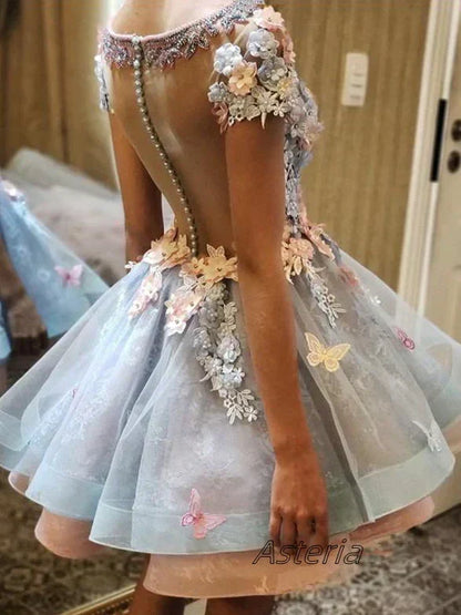Chic 3D Floral Short-sleeve Design Tulle A-line Mini Homecoming Dress HZ1024