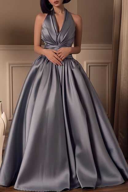 Chic V-Neck Halter Party Dress, Silver Grey Evening Ball Gown,AST1708