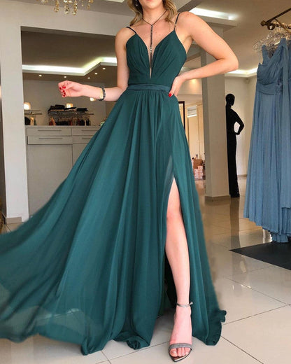 Plunge Neck Open Back Chiffon Split Dresses