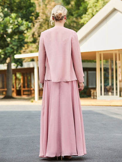 Lace Top V-neck Floor-length Dress with Jacket Dusty Rose