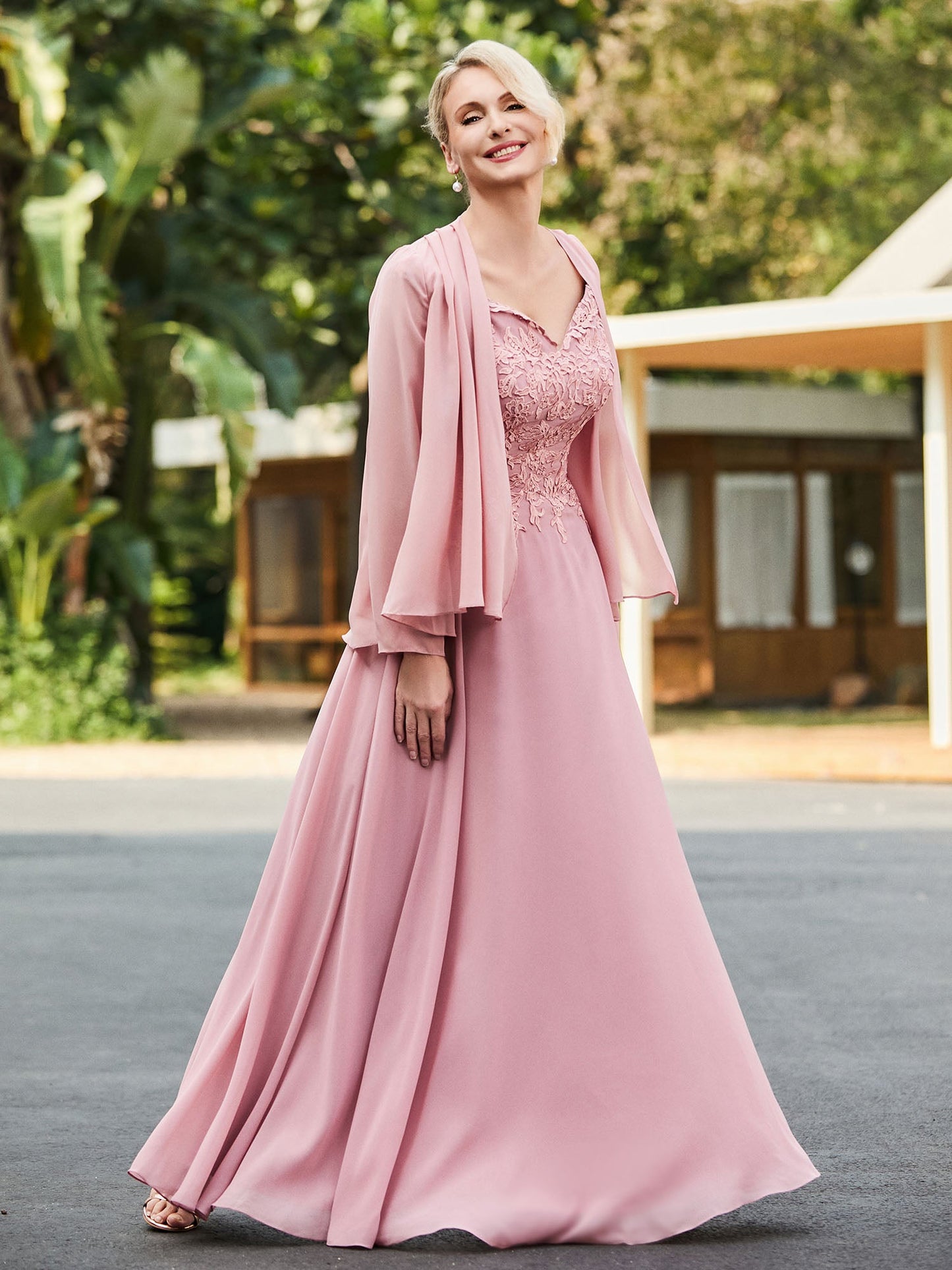 Lace Top V-neck Floor-length Dress with Jacket Dusty Rose