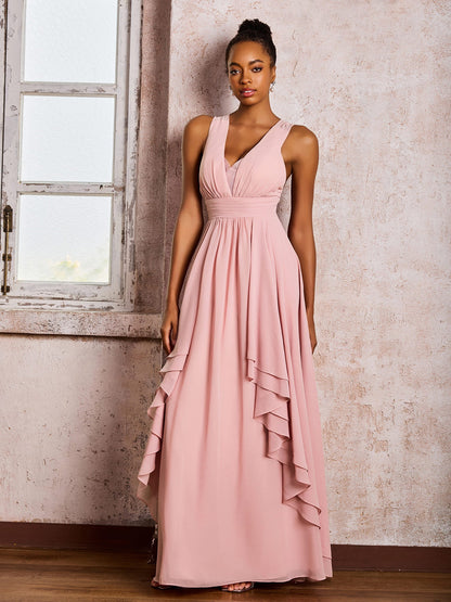 Plunging V-Neck Ruffle Open Back Dresses with Cascade Skirt Dusty Rose