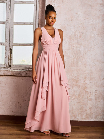Plunging V-Neck Ruffle Open Back Dresses with Cascade Skirt Dusty Rose
