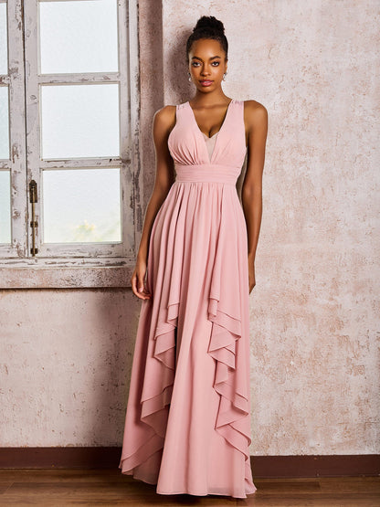 Plunging V-Neck Ruffle Open Back Dresses with Cascade Skirt Dusty Rose