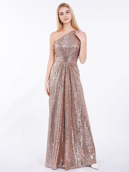 One Shoulder Long Sequins Gown Metallic Gold
