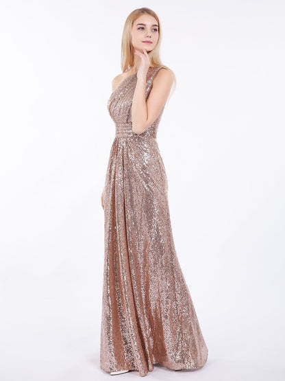 One Shoulder Long Sequins Gown Metallic Gold