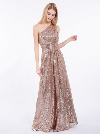 One Shoulder Long Sequins Gown Metallic Gold