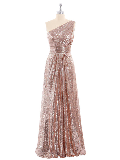 One Shoulder Long Sequins Gown Metallic Gold