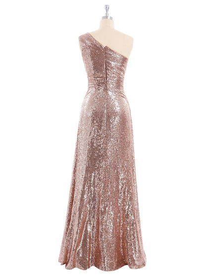 One Shoulder Long Sequins Gown Metallic Gold