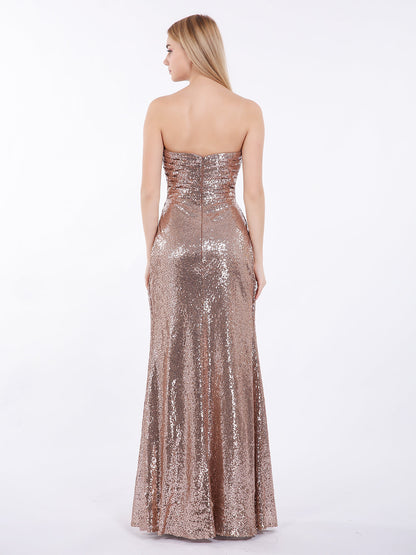 Strapless Full Length Sequins Dress Metallic Gold
